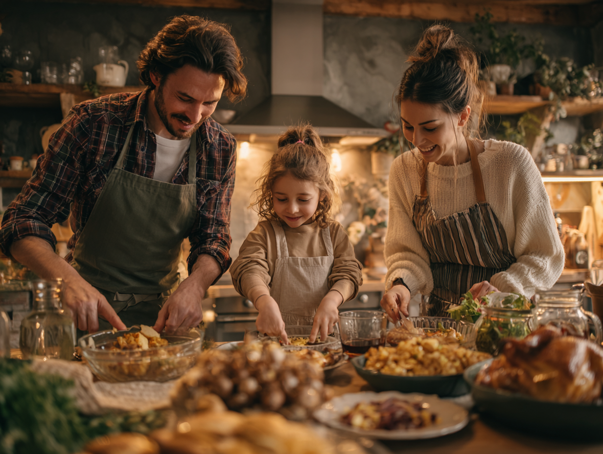 Сімейна вечеря з різноманітними стравами